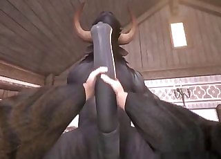 3D hottie jerks a giant stallion sausage