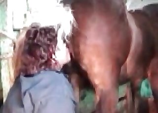Dirty woman giving a rim job to a handsome horse